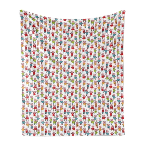 Pig Soft Flannel Fleece Throw Blanket, Whimsical Cartoon Style Interpretation of Piglet in Colorful Clothes, Cozy Plush for Indoor and Outdoor Use, 50" x 70", Pale Pink and Multicolor, by Ambesonne