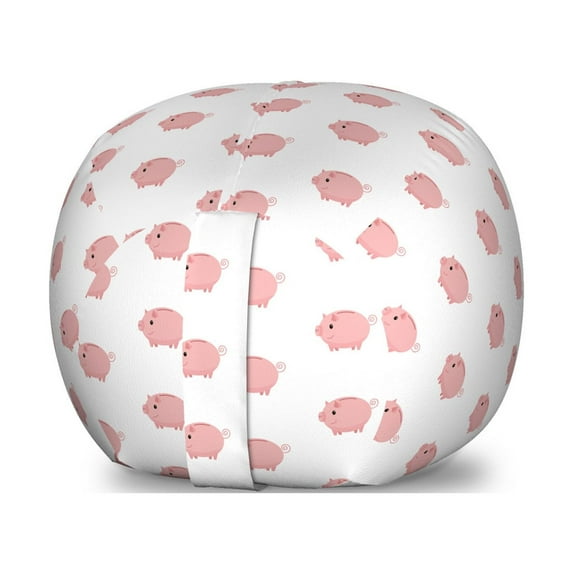 Pig Storage Toy Bag Chair, Concept of Continued Piglet Silhouettes with Swirling Tails on a Plain Background, Stuffed Animal Organizer Washable Bag, Small Size, Pale Pink White, by Ambesonne