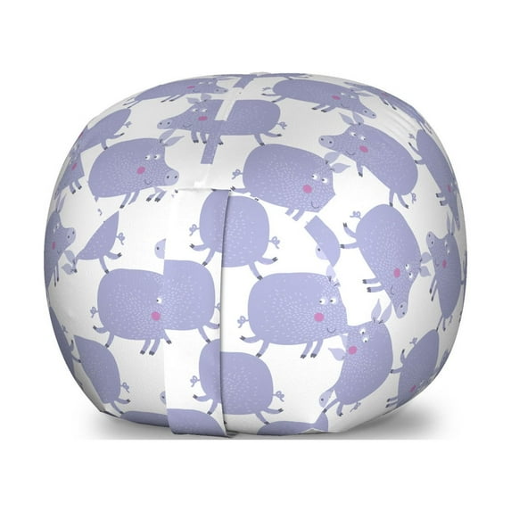 Pig Storage Toy Bag Chair, Pattern of Cartoon Farm Animal, Stuffed Animal Organizer Washable Bag, Large Size, Lavender Blue White, by Ambesonne