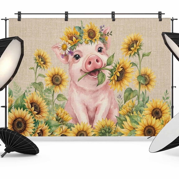 Pig Sunflower Backdrop for Photography, Retro Country Pig Floral Linen Texture Photo Backdrop Portrait Background Party Banner Photo Backgrounds for Studio Booth Props, 7x5ft