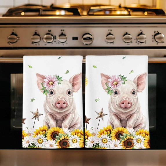 Pig Sunflower Western Kitchen Towels Set of 4, Farmhouse Daisy Garden Floral Absorbent Dish Towels for Kitchen, Microfiber Hand Towel, Quick Drying Tea Towel for Cleaning Decorative Dishcloths