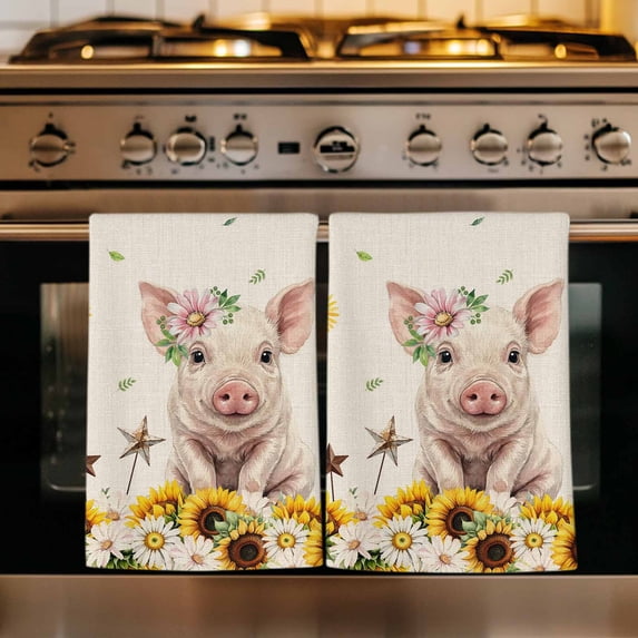 Pig Sunflower Western Kitchen Towels Set of 4, Rustic Daisy Linen Texture Absorbent Dish Towels for Kitchen, Microfiber Hand Towel, Quick Drying Tea Towel for Cleaning Decorative Dishcloths
