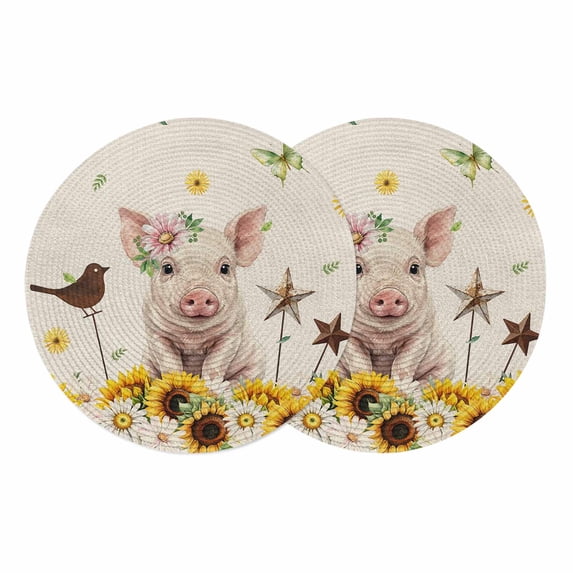 Pig Sunflower Western Round 13 Inch Placemats Set of 2, Rustic Daisy Linen Texture HeatResistant Non Slip Place Mats for Dining Table, Wipeable Braided Kitchen Table Mats for Housewarming