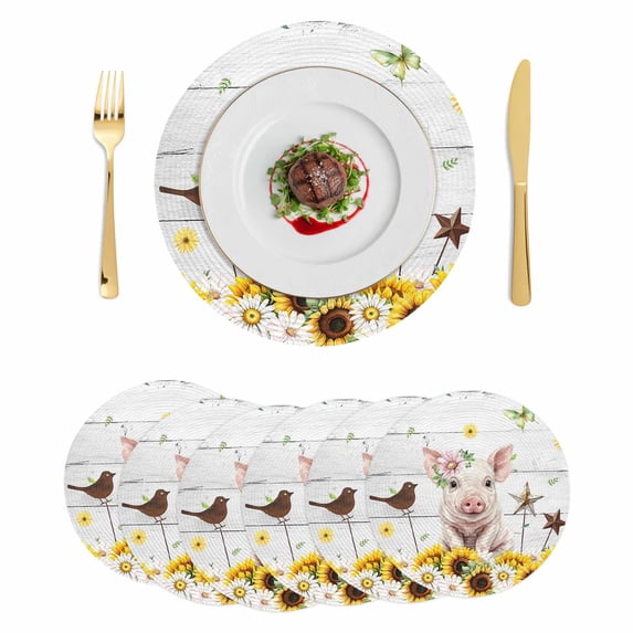 Pig Sunflower Western Round 13 Inch Placemats Set of 6, Rustic Daisy Grey Wooden HeatResistant Non Slip Place Mats for Dining Table, Wipeable Braided Kitchen Table Mats for Housewarming