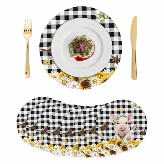 Pig Sunflower Western Round 15 Inch Placemats Set of 8, Rustic Daisy Black Buffalo Plaid HeatResistant Non Slip Place Mats for Dining Table, Wipeable Braided Kitchen Table Mats for Housewarming