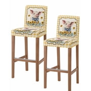 Pig Sunflowers Bar Stool Covers Set of 2, Yellow Floral Farmhouse Checkered Rustic Stretch Washable Bar Chair Covers with Backs, Removable Pub Counter Height Chair Cover for Kitchen Dining Room Cafe