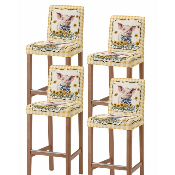 Pig Sunflowers Bar Stool Covers Set of 4, Yellow Floral Farmhouse Checkered Rustic Stretch Washable Bar Chair Covers with Backs, Removable Pub Counter Height Chair Cover for Kitchen Dining Room Cafe