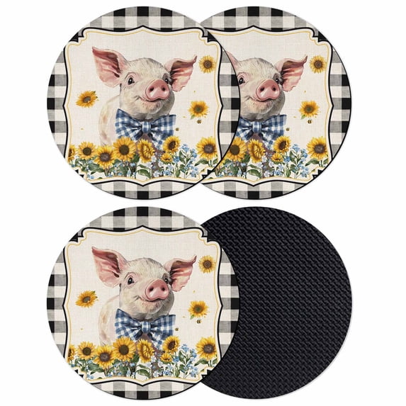 Pig Sunflowers Coasters Set of 4, Absorbent Coasters for Drinks, Yellow Floral Black White Checkered Rustic Coaster for Desk Coffee Table Protection, Home Decor House Warming Gifts 4"