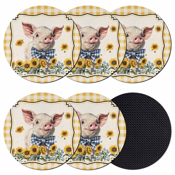 Pig Sunflowers Coasters Set of 6, Absorbent Coasters for Drinks, Yellow Floral Farmhouse Checkered Rustic Coaster for Desk Coffee Table Protection, Home Decor House Warming Gifts 4"