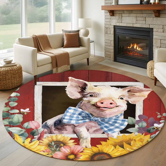 Pig Sunflowers Round Area Rug 8Ft Washable Large Circle Rugs for Living Room Dorm, Eucalyptus Leaves Floral Bees Red Barn Non-Slip Carpet Floor Mats Indoor Outdoor Carpet Runner Aesthetic Home Decor