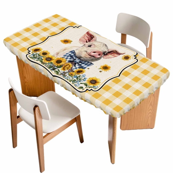 Pig Sunflowers Table Cloths for 5 Foot Rectangle Tables, Yellow Floral Farmhouse Checkered Rustic Patio Waterproof Elastic Fitted Tablecloths, Washable Rectangular Table Cover for Camping