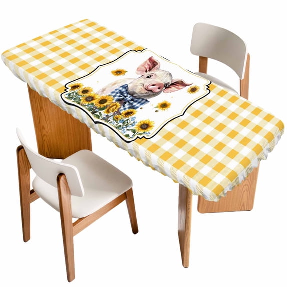 Pig Sunflowers Table Cloths for 8 Foot Rectangle Tables, Yellow Floral Elegant Checkered Pastoral Patio Waterproof Elastic Fitted Tablecloths, Washable Rectangular Table Cover for Camping