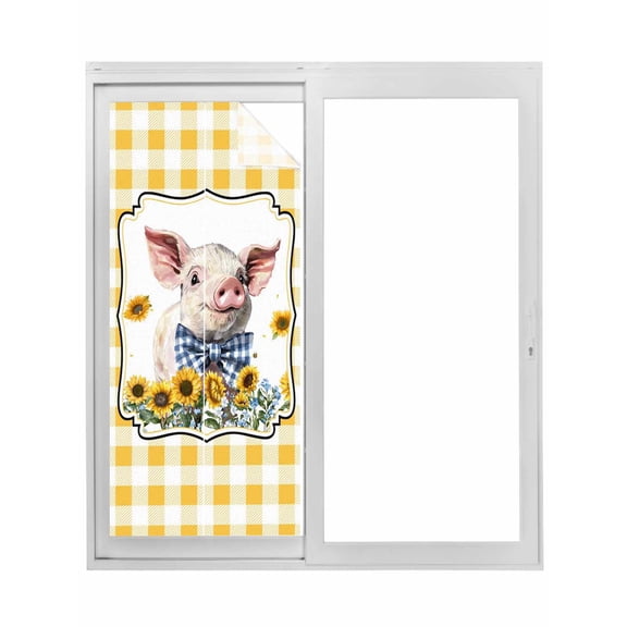 Pig Sunflowers Window Privacy Film, Yellow Floral Elegant Checkered Pastoral Static Cling UV Sun Blocking Tint Film Heat Control Windows Films for Bedroom Bathroom, Window Stickers 23.6"x59"