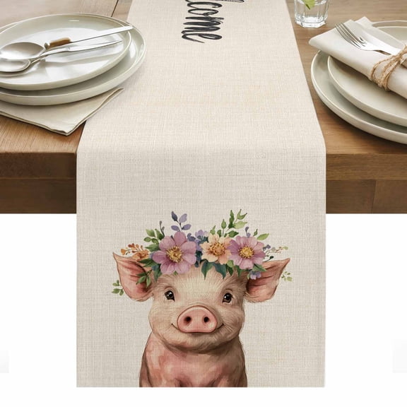 Pig Table Runner 13 x 36 Inch, Welcome Washable Cotton Linen Dining Table Runner Tabletop Decorations for Restaurant Home Kitchen Party