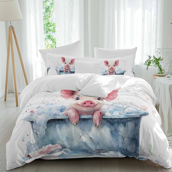 Pig Taking Comforter Set Twin Size, A Bath Soft Bedding Set for Man Woman, 4 Pieces Duvet Cover Set with Fitted Sheet, 2 Pillowcases