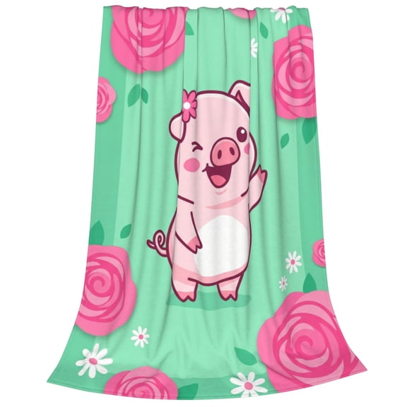 Pig Throw Blanket Flannel Pink Rose Floral Cute Cartoon Pig Soft Cozy Plush For Couch Sofa Bed Home Decor Gift For Women 50x40