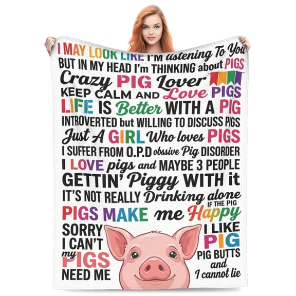 Pig Throw Blanket Gift, Humorous Pig Quotes Design, Soft Warm Flannel Fleece For Snuggling Cozy Comfort, Bed Sofa Couch Vibrant Decorative Animal Throw 50x40