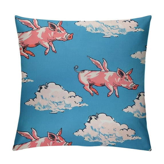 Pig Throw Pillow Cushion Cover, Flying Animal Cartoon Style Characters Wings The Saying Clouds Themed Print, Decorative Square Accent Pillow Case,