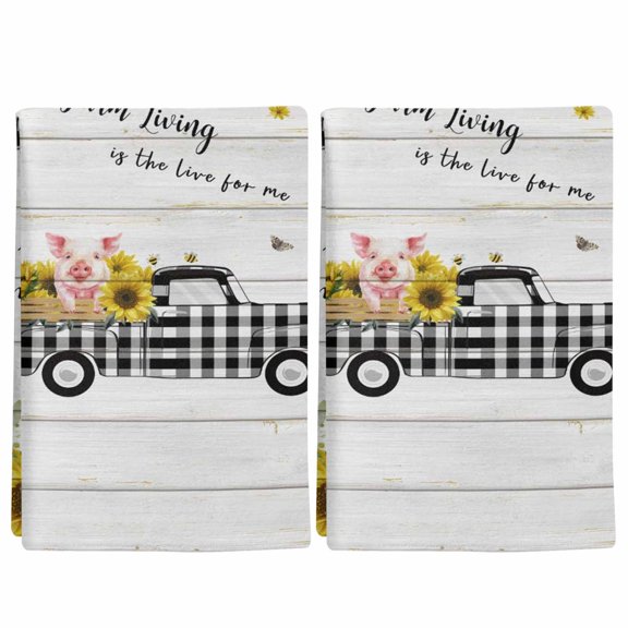 Pig Truck Sunflower Kitchen Towels Set of 2, Vintage Farm Loads of Sunshine Board Absorbent Dish Cloths 18 x 28 Inch Hand Towels for Kitchen, Quick-Dry Tea Towels for Cooking, Baking & Home Decor