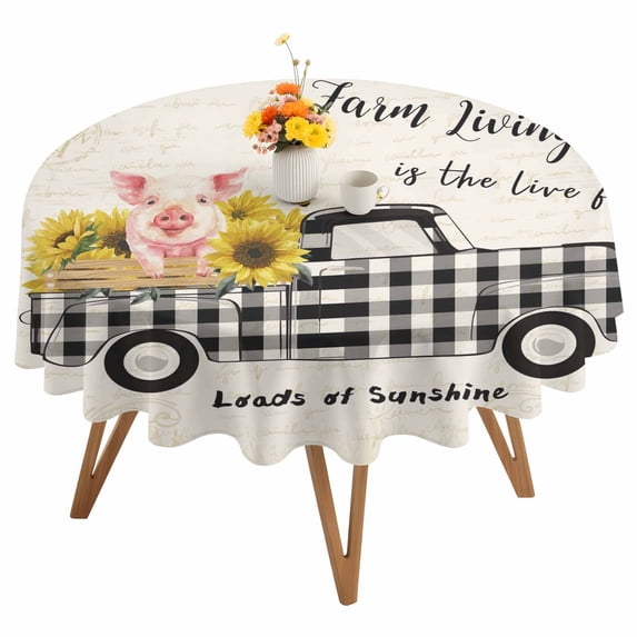 Pig Truck Sunflower Round Tablecloth 54 inches Vintage Farm Loads of Sunshine Waterproof Oil-Proof Table Cloth Round Table Cover for Holiday Party Picnic Dinner Decor Indoor and Outdoor Use