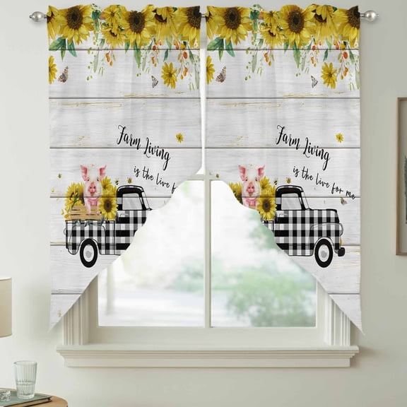Pig Truck Sunflower Swag Kitchen Curtain Valances, Vintage Farm Loads of Sunshine Board Rod Pocket Curtains Window Treatment Decor Valances for Bedroom Bathroom, 2 Panels 28 x 36 Inch