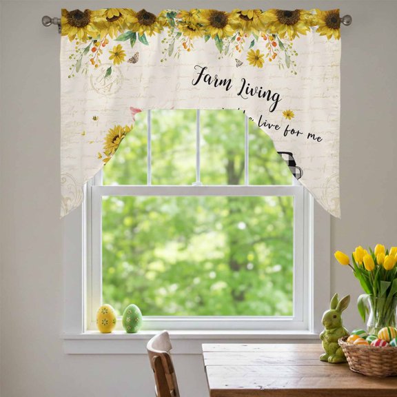 Pig Truck Sunflower Swag Valances for Kitchen Window, Vintage Farm Loads of Sunshine Small Swag Valances Rod Pocket Curtain Drapes Window Treatment for Bedroom Bathroom, 56x36 Inch