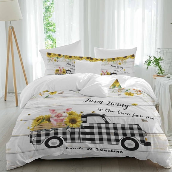Pig Truck Sunflower Twin Size Comforter Set, Vintage Farm Loads of Sunshine Board Bedding for All Seasons, 4 Pcs Bed Set, 1 Quiltcover (68"x86") ,1Sheet(67"x116"), 2Pillowcases (30"x20")