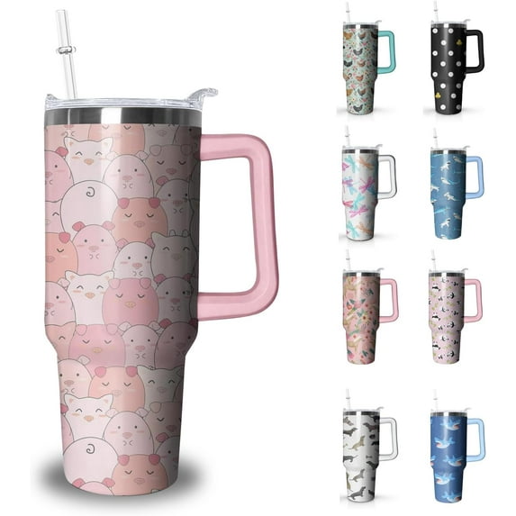 Pig Tumbler with Handle and Straw, 40 oz Stainless Steel Pink Insulated Cup with Lid and Straw,Travel Coffee Mug Water Bottle, Birthday Christmas Mothers Day Gifts for Animal Lovers Women