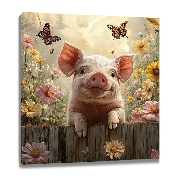 NEONWE Cute Pig Wall Art Colorful Flowers Butterfly Nature Pictures 12x12 Framed Modern Farmhouse Funny Artwork Canvas Art Prints