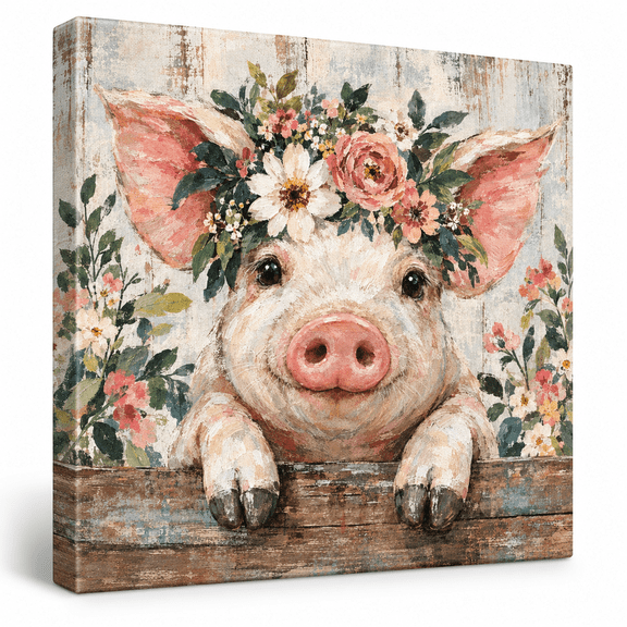 Pig Wall Art, Farmhouse Animal Decor, Floral Pig Canvas, 16x16in Stretched Canvas Wall Art with Inner Frame, Printed Picture for Home Living Room Bedroom Decor