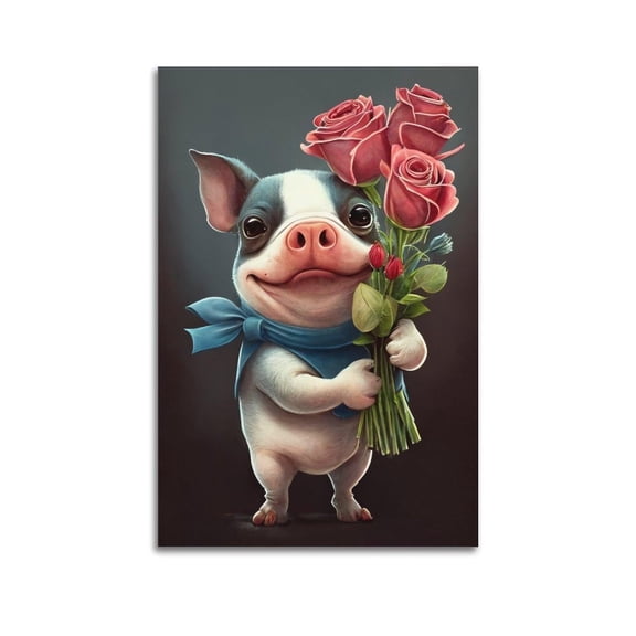 Pig Wall Art Poster, Cute Piggy Holding A Rose, Funny Pig Wall Art,Animal Canvas Art Poster And Wall Art Picture Print Modern Family Bedroom Decor Posters