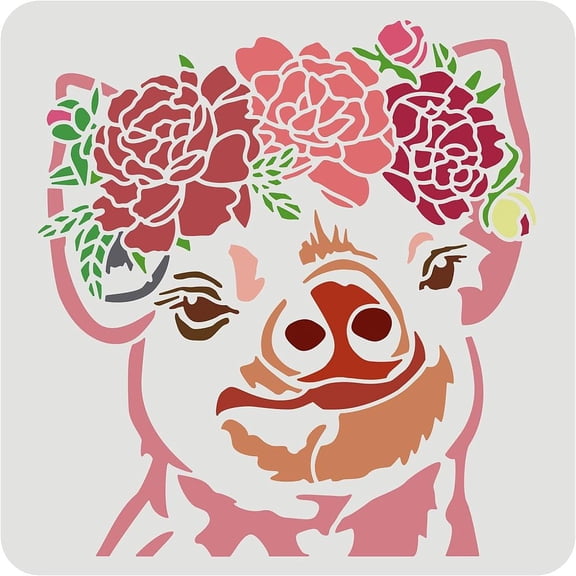 Pig and Flower Stencil 11.8x11.8inch Reusable Pig Pattern Stencil Painting Craft Farm Animal Decoration Stencil Painting on Paper Wood Tile
