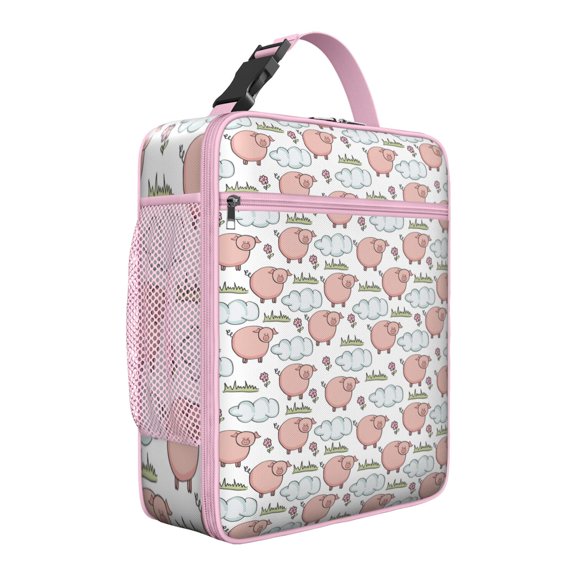 Pig and Moonlit Sky Lunch Tote, Artistic Pink Pig Illustration with Watercolor Floral Accents, Cute Cartoon Bento Bag for Office, School, Picnic