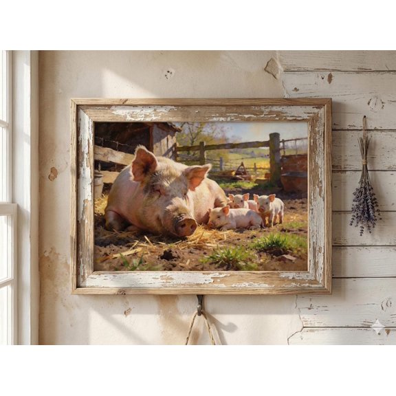 Pig and Piglets Print, British Spring Farm Wall Art, Farmhouse Decor Poster Unframed Paper Print