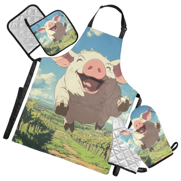Pig and Seagulls 5 Pcs Kitchen Set Heat Resistant Oven Mitts and Non-Slip Pot Holders with Adjustable Cooking Apron