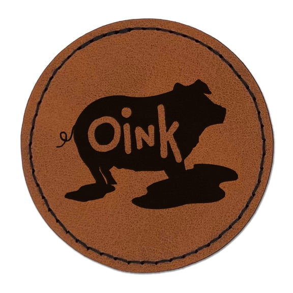 Pig in Mud Oink Funny 2.5" Faux Leather Round Engraved Iron-On Patch - Brown