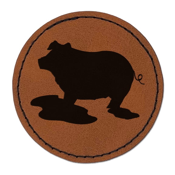 Pig in Mud Solid 2.5" Faux Leather Round Engraved Iron-On Patch - Brown
