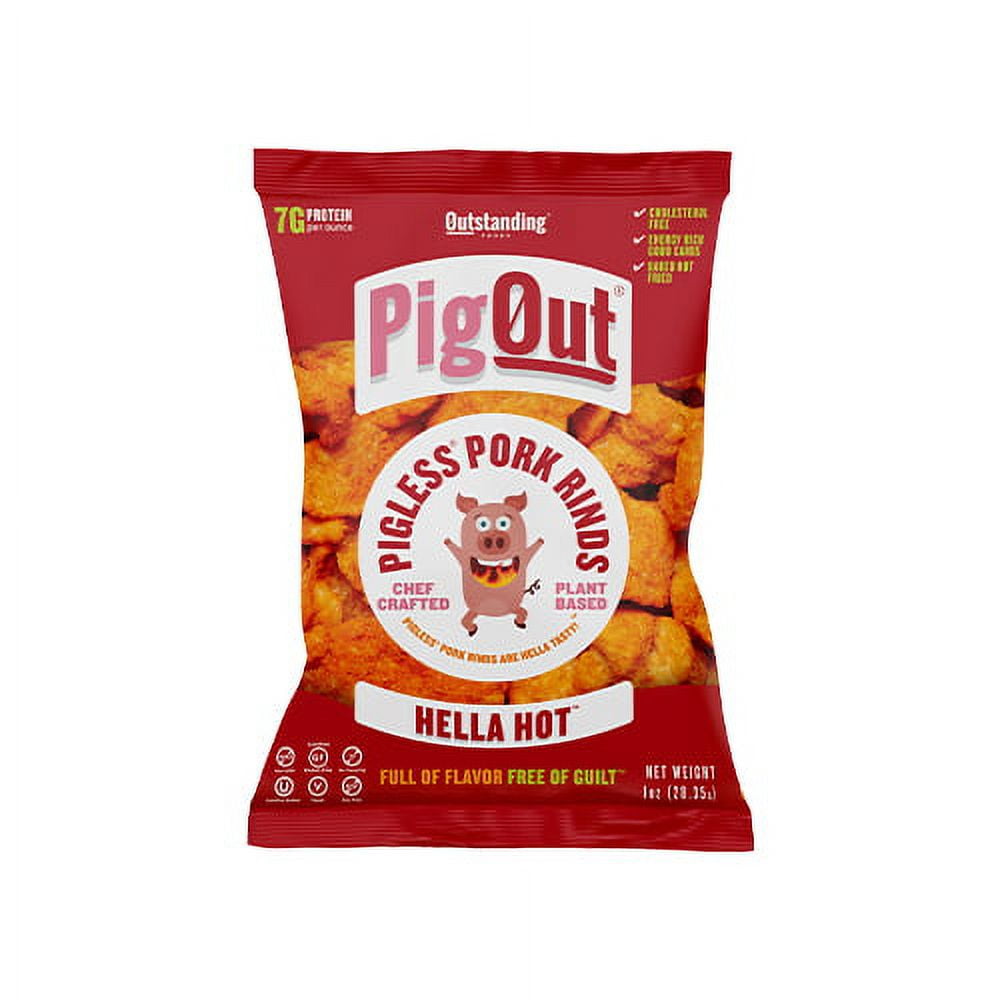 PigOut, Plant-Based Pigless Pork Rinds, Hella Hot 1 oz.