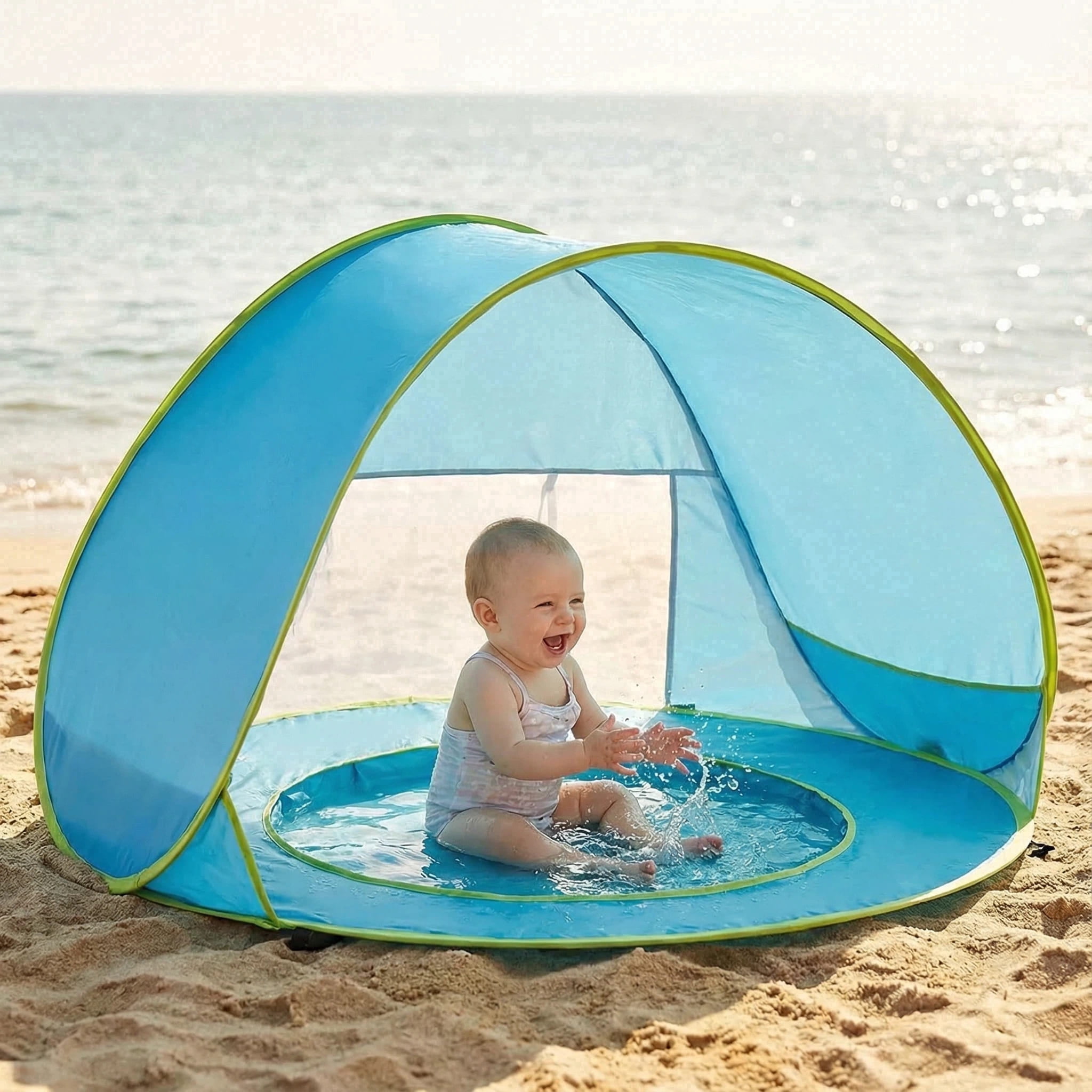 PigPigPen Baby Beach Tent Pop up Sun Shelter with UV Protection, Waterproof and Built-In Pool, Blue