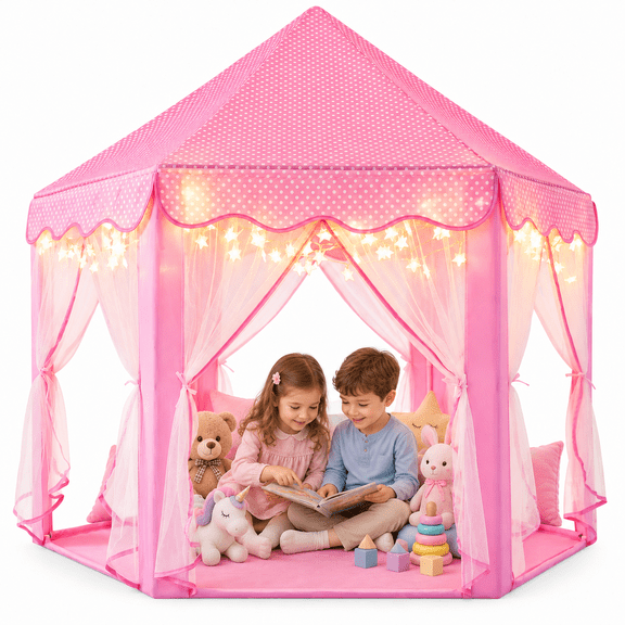 PigPigPen Princess Castle Play Tent for Girls Large Hexagon Playhouse with Star Lights Kids Play Tents for Children Indoor Games (Pink)