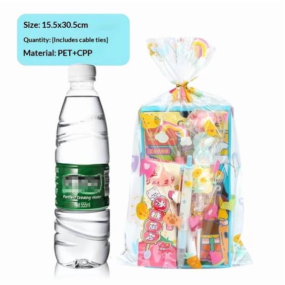 PigPotParty Cellophane Treat Bags 6"x9", 50 Pack Clear Goodie Bags, Bottom Gusset for Stand-Up Display, Small Plastic Gift Wrap for Cookies, Candy, Party Favors, Popcorn, Includes 50 Gold Ties