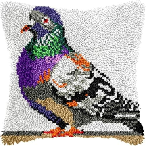 Pigeon Bird Latch Hook Kits Pillow DIY Rug Crochet Hook Cushion Making Kits Printed Pattern Canvas Pillowcase Hooking Kits Pillow Cover Crochet Kits 43x43cm(fs225)