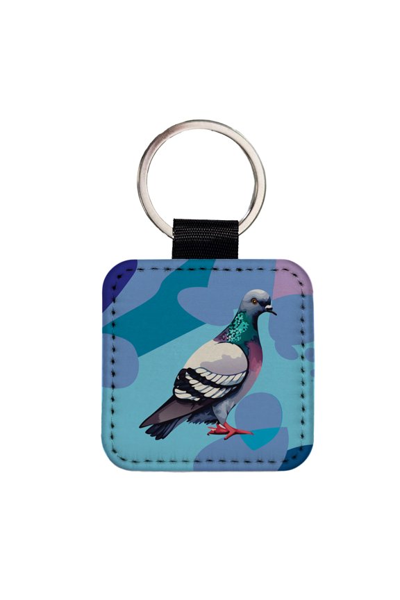 Pigeon Bird Watercolor Faux Leather Square Keychain