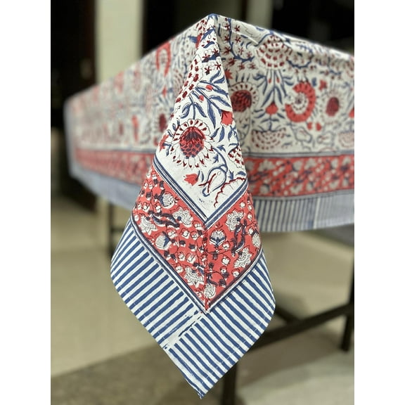Pigeon Blue and flamingo pink Hand Block Printed Cotton Tablecloth, Dining Table Cover Farmhouse Party Wedding Home Housewarming Baby Shower