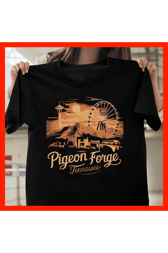 Pigeon Forge Tennessee Skyline T-Shirt, Retro Sunset Mountains Ferris Wheel Graphic Tee A694, for Unisex, Up to Size 5XL