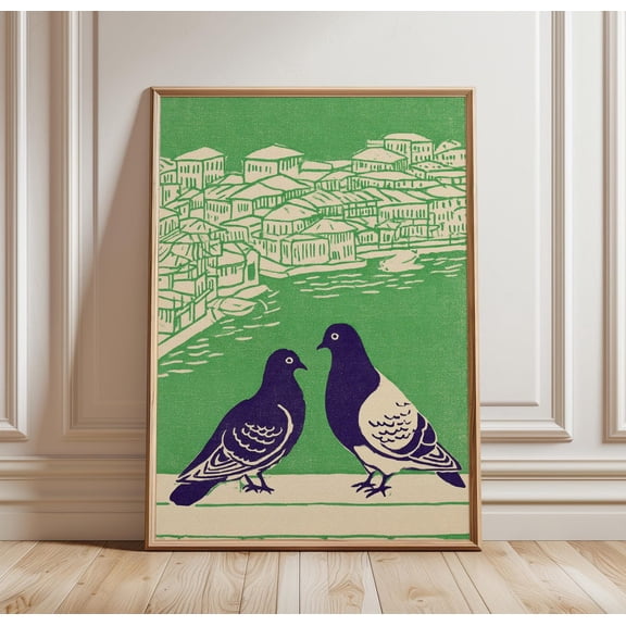 Pigeon Illustration Vintage Bird Folk Style City Scene Nature Art Unframed Paper Print