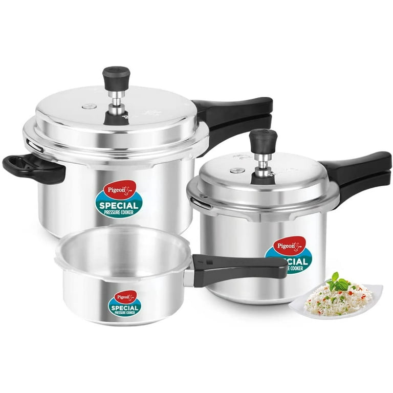 Pigeon Pressure Cooker Set 2 + 3 + 5 Quart - Stainless Steel - Induction  Base Outer Lid - Cook delicious food in less time: soups, rice, legumes,  and