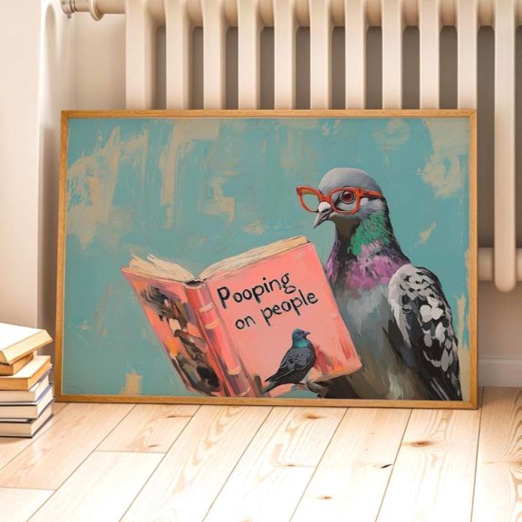 Pigeon Reading Pooping on People Book Wall Decor Funny Animal Art Decoration 2, Unframed Paper Poster 8x10in