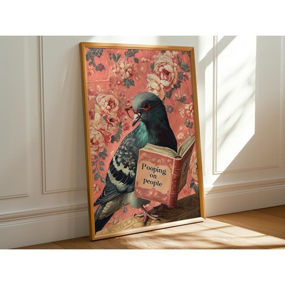 Pigeon Reading Pooping on People Book Wall Decor Funny Animal Art Decoration 3, Unframed Paper Poster 8x10in