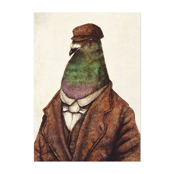 Pigeon of Yesteryears - Drawing Bird Humor Surrealism Vintage Pop Art Fashion Modern Art Unframed Wall Art Print 4 x 6 inches